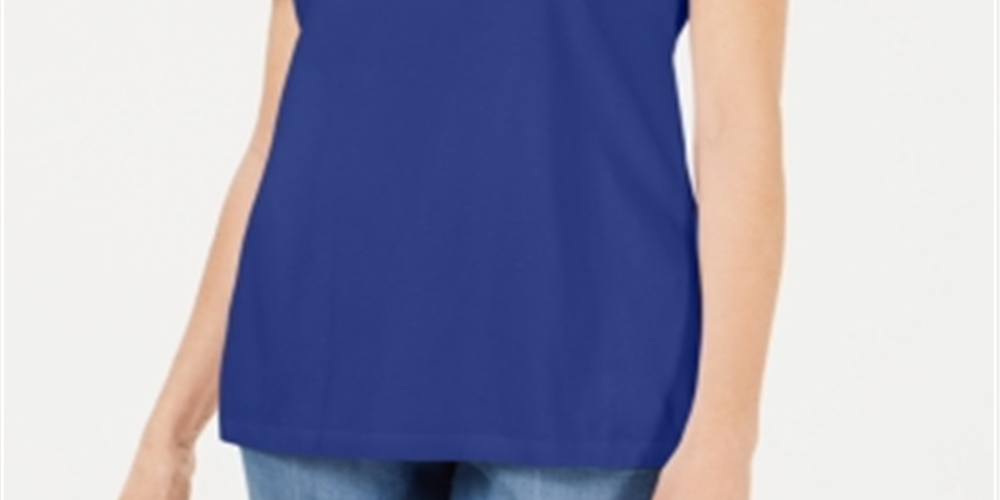 Camiseta feminina Karen Scott com gola trançada, azul, tamanho pequeno
