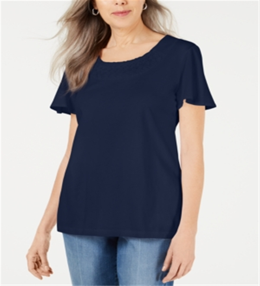 Camiseta feminina Karen Scott com gola trançada, azul, tamanho X-S