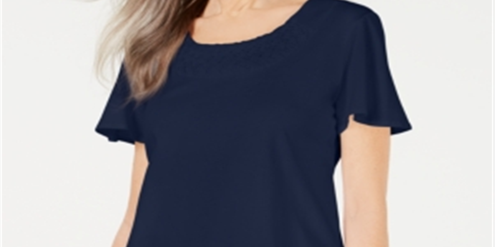 Camiseta feminina Karen Scott com gola trançada, azul, tamanho X-S
