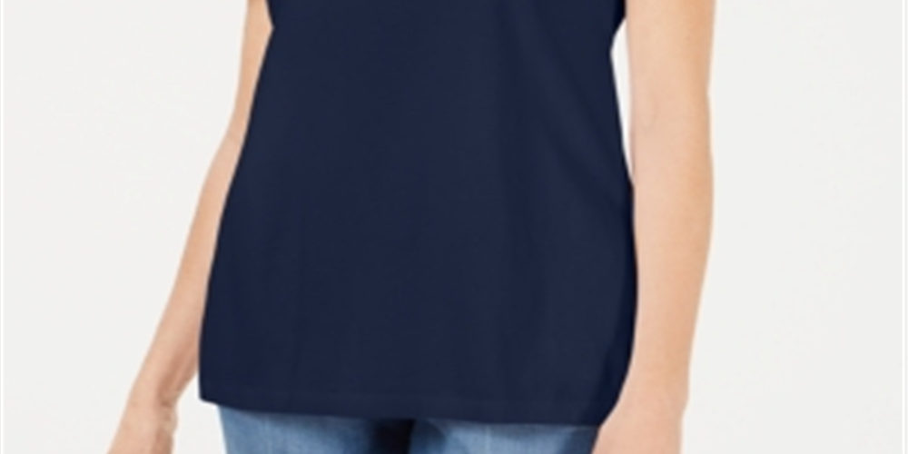 Camiseta feminina Karen Scott com gola trançada, azul, tamanho X-S