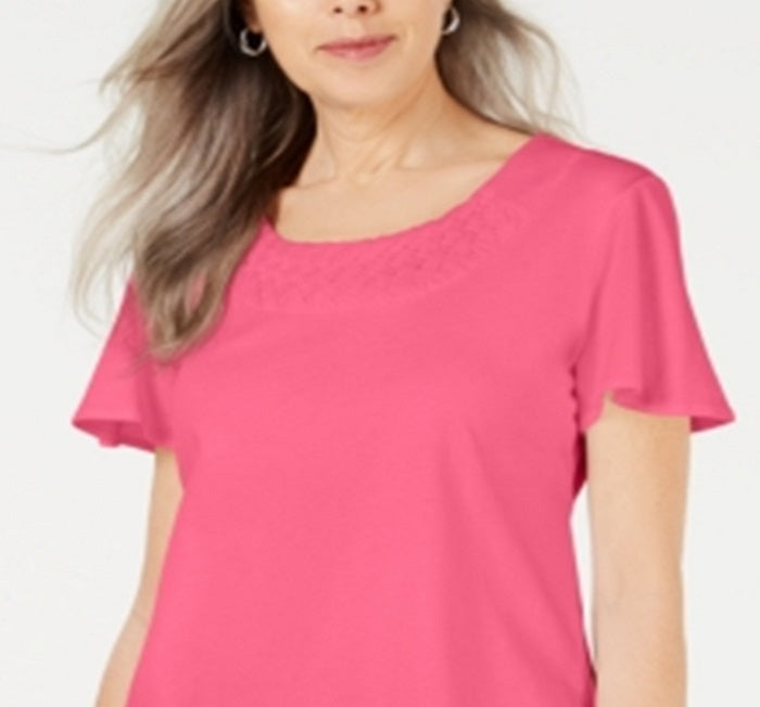 Camiseta feminina Karen Scott com gola trançada, rosa, tamanho X-S