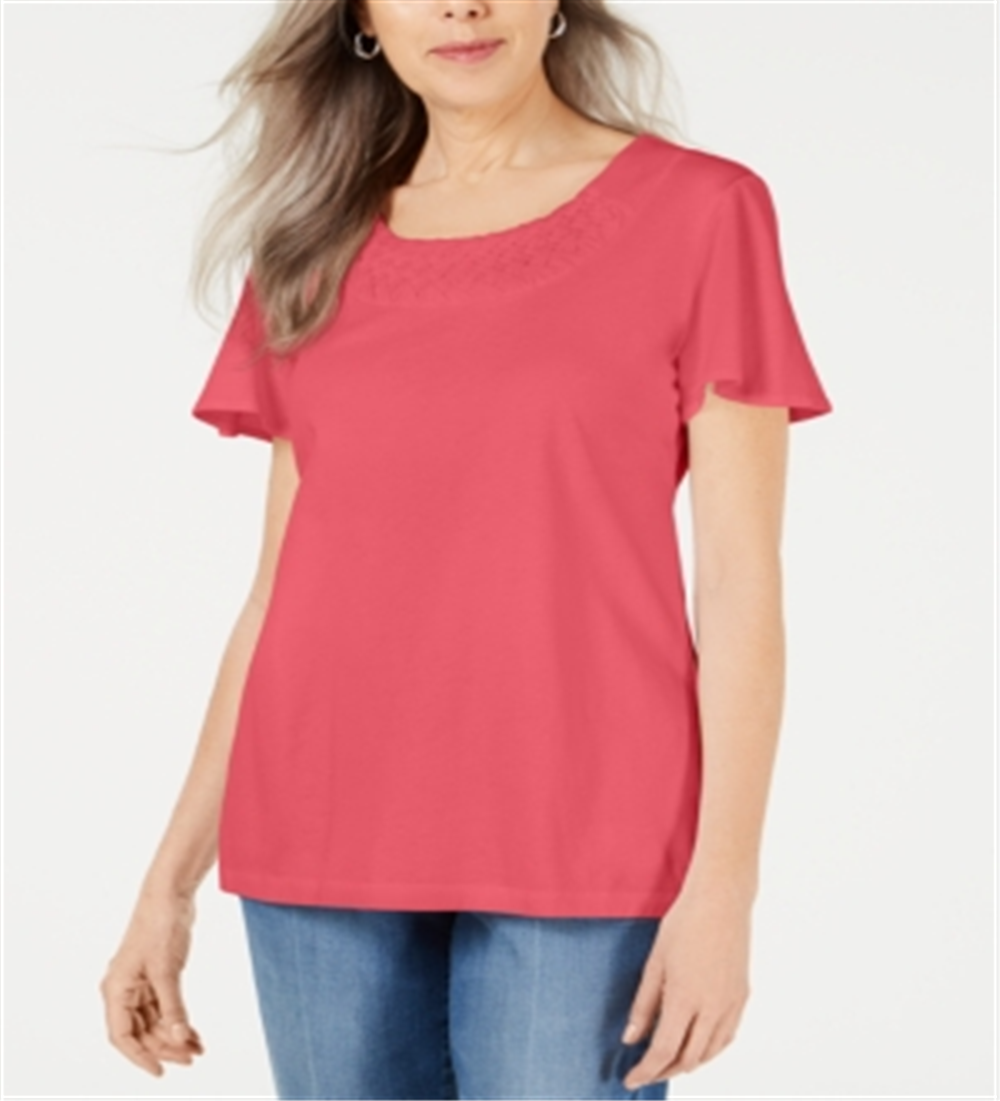 Camiseta feminina Karen Scott com gola trançada, coral, tamanho médio
