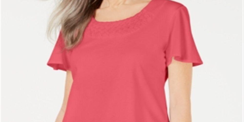 Camiseta feminina Karen Scott com gola trançada, coral, tamanho médio