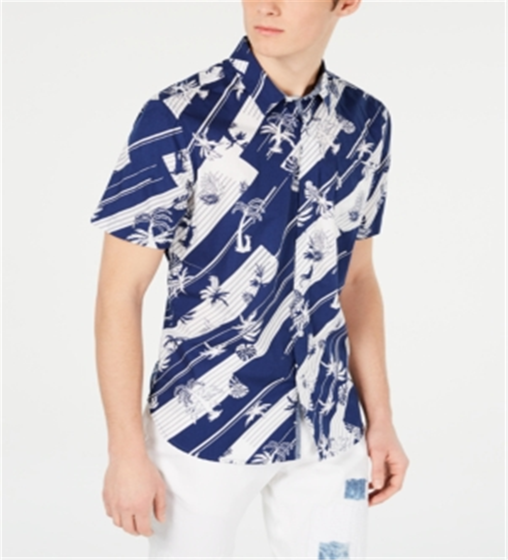 Camisa masculina American Rag com botões e gola trançada, azul, tamanho médio
