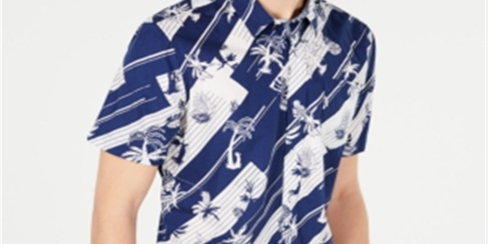 Camisa masculina American Rag com botões e gola trançada, azul, tamanho médio