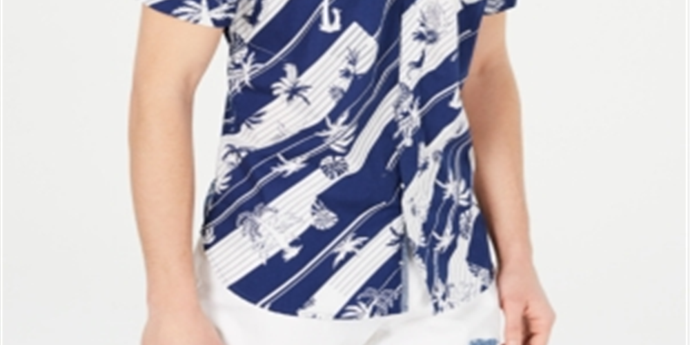 Camisa masculina American Rag com botões e gola trançada, azul, tamanho médio