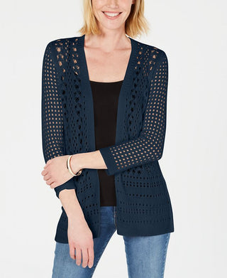 Charter Club Women's Open Stitch Cardigan Completer Sweater Blue Size M