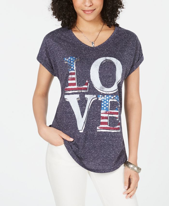 Camiseta feminina estilo &amp; co com estampa mesclada, manga curta, gola V, azul, tamanho pequeno