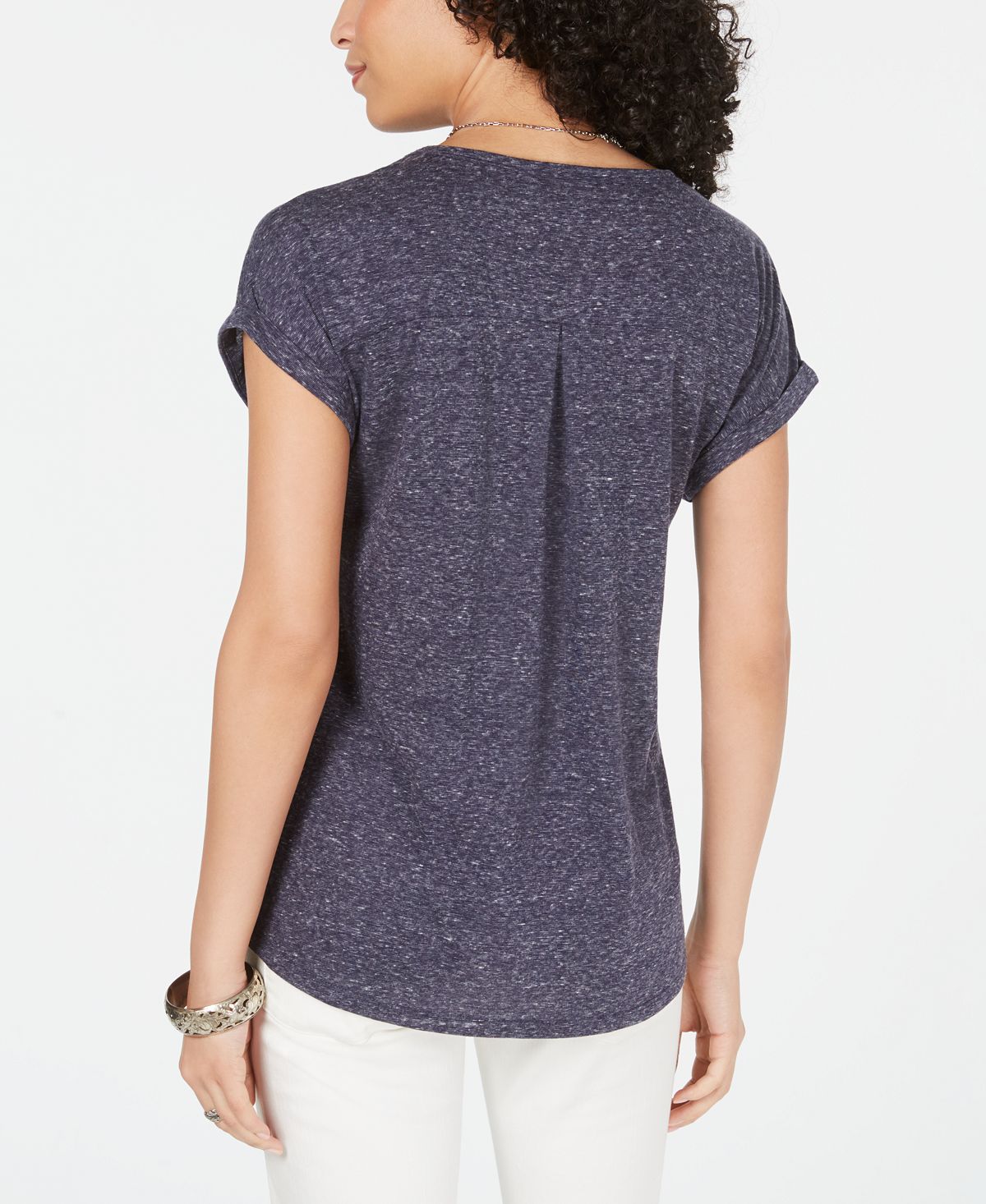 Camiseta feminina estilo &amp; co com estampa mesclada, manga curta, gola V, azul, tamanho pequeno