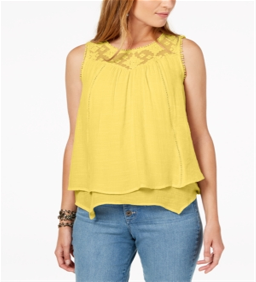Top estilo feminino com acabamento em renda e alças finas, amarelo, tamanho pequeno