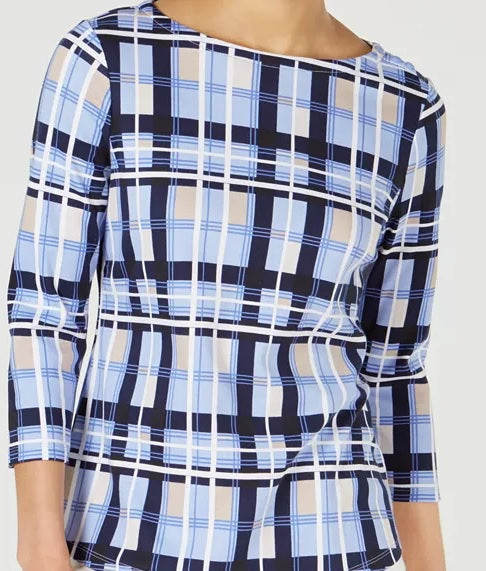 Charter Club Blusa feminina de algodão xadrez com decote canoa, azul, tamanho pequeno e pequeno