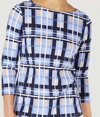 Charter Club Blusa feminina de algodão xadrez com decote canoa, azul, tamanho pequeno e pequeno
