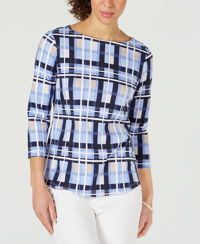 Charter Club Blusa feminina de algodão xadrez com decote canoa, azul, tamanho pequeno e pequeno