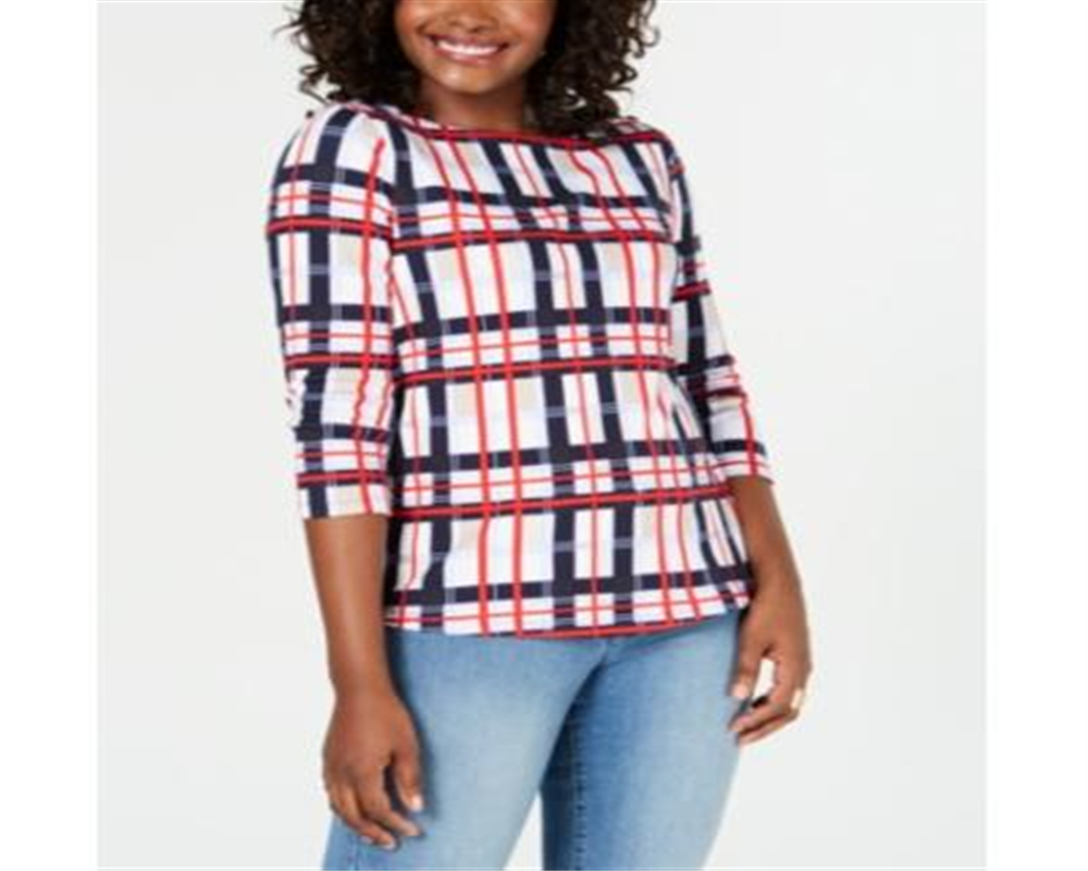 Charter Club Blusa feminina de algodão xadrez com decote canoa, azul, tamanho pequeno e pequeno