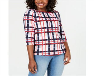 Charter Club Blusa feminina de algodão xadrez com decote canoa, azul, tamanho pequeno e pequeno