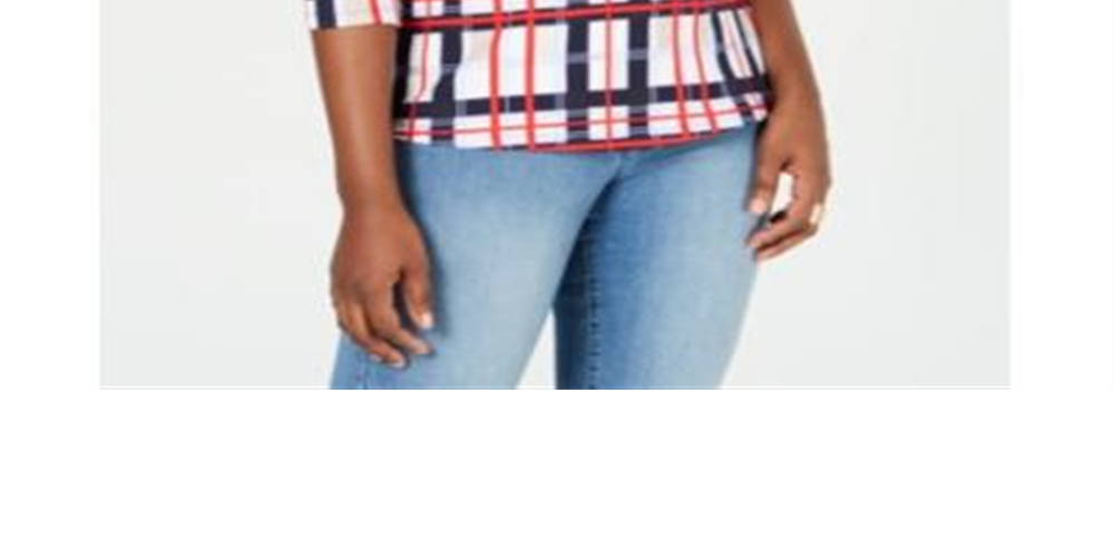 Charter Club Blusa feminina de algodão xadrez com decote canoa, azul, tamanho pequeno e pequeno