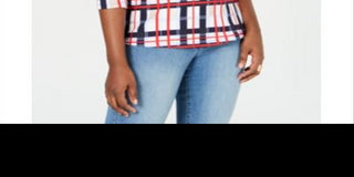 Charter Club Blusa feminina de algodão xadrez com decote canoa, azul, tamanho pequeno e pequeno