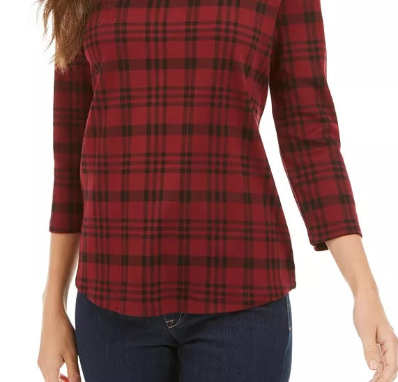 Charter Club Top feminino listrado de algodão Pima com botões e ombros de fora, tamanho pequeno, vermelho