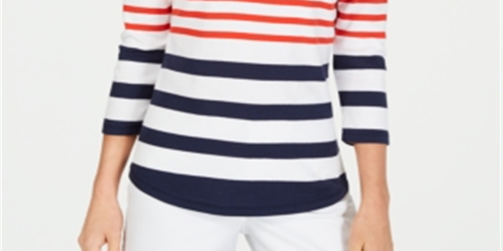 Charter Club Top feminino listrado de algodão Pima com botões e ombros de fora, tamanho pequeno, vermelho