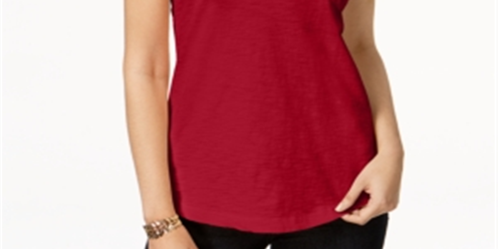 Camiseta feminina com decote em V e bolso, tamanho pequeno, vermelha, estilo &amp; co
