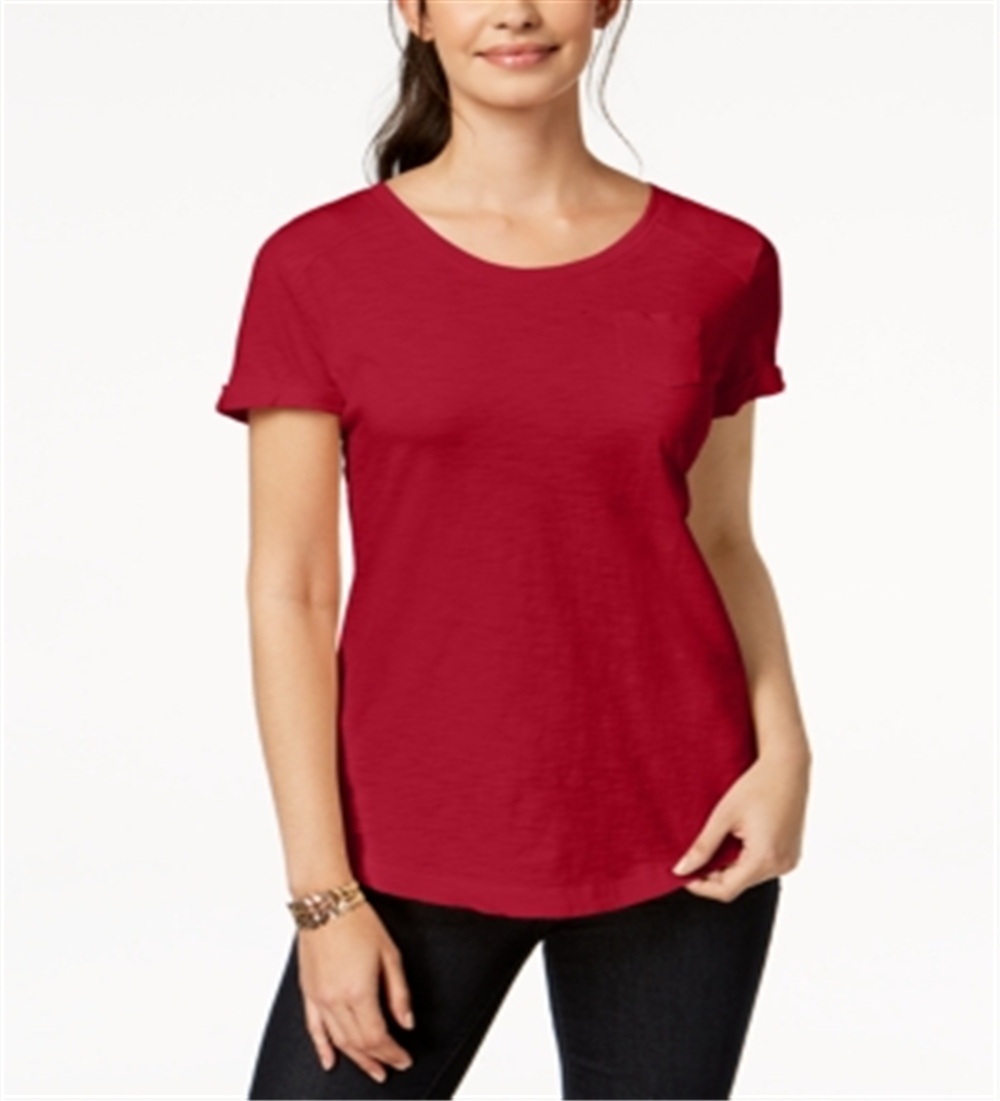 Camiseta feminina com decote em V e bolso, tamanho pequeno, vermelha, estilo &amp; co