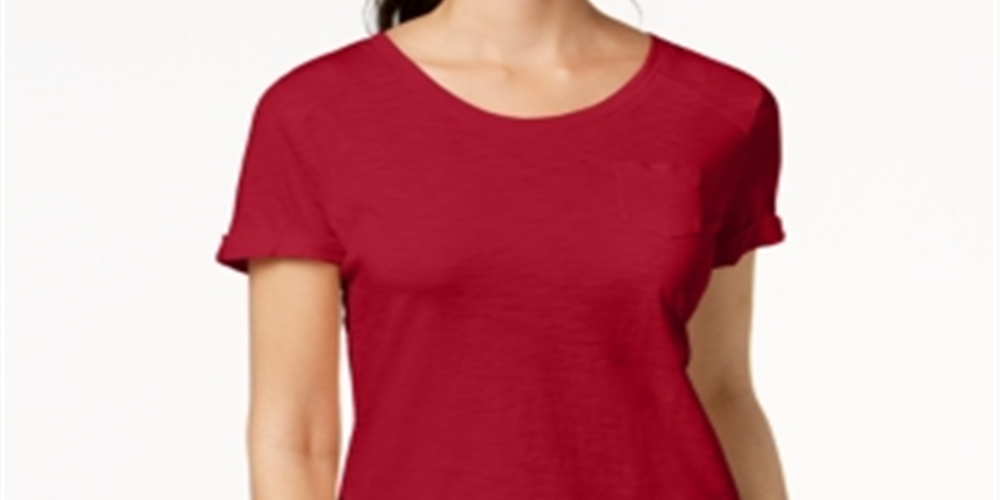 Camiseta feminina com decote em V e bolso, tamanho pequeno, vermelha, estilo &amp; co