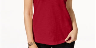 Camiseta feminina com decote em V e bolso, tamanho pequeno, vermelha, estilo &amp; co