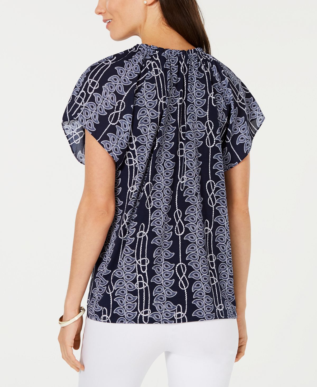 Charter Club Blusa feminina com estampa de borla e gravata, azul, tamanho pequeno