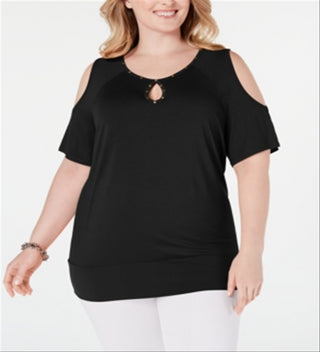 JM Collection Top Feminino com Tachas e Ombros Vazados Preto Tamanho 3X