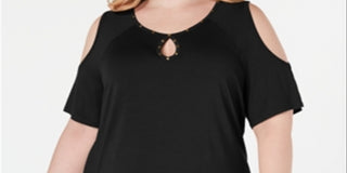 JM Collection Top Feminino com Tachas e Ombros Vazados Preto Tamanho 3X