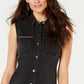 Vestido curto estilo jeans feminino com bolsos, sem mangas e gola, preto, tamanho 16