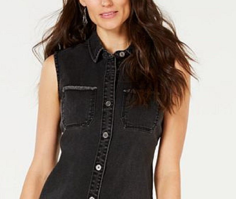 Vestido curto estilo jeans feminino com bolsos, sem mangas e gola, preto, tamanho 16