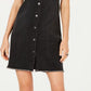 Vestido curto estilo jeans feminino com bolsos, sem mangas e gola, preto, tamanho 16