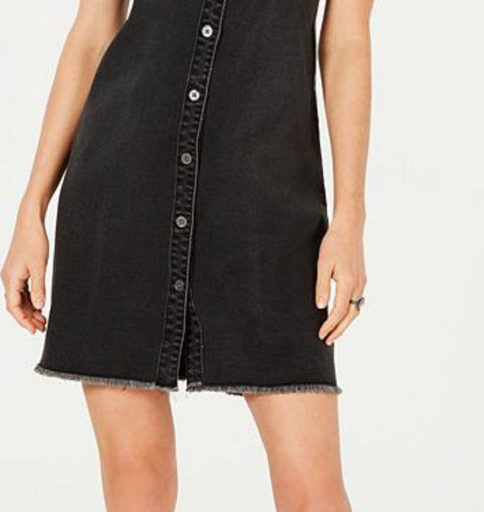 Vestido curto estilo jeans feminino com bolsos, sem mangas e gola, preto, tamanho 16