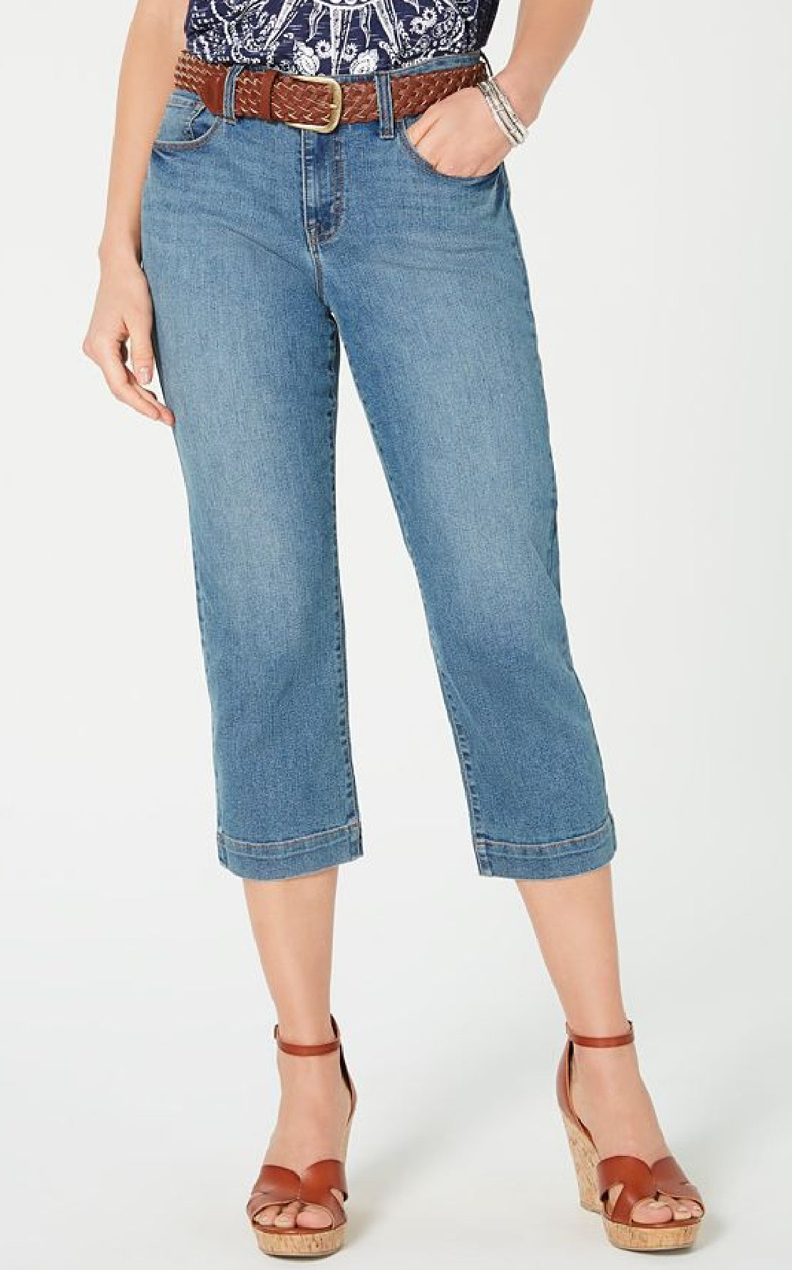 Calça capri jeans com cinto feminina Style &amp; Co, azul, tamanho 10