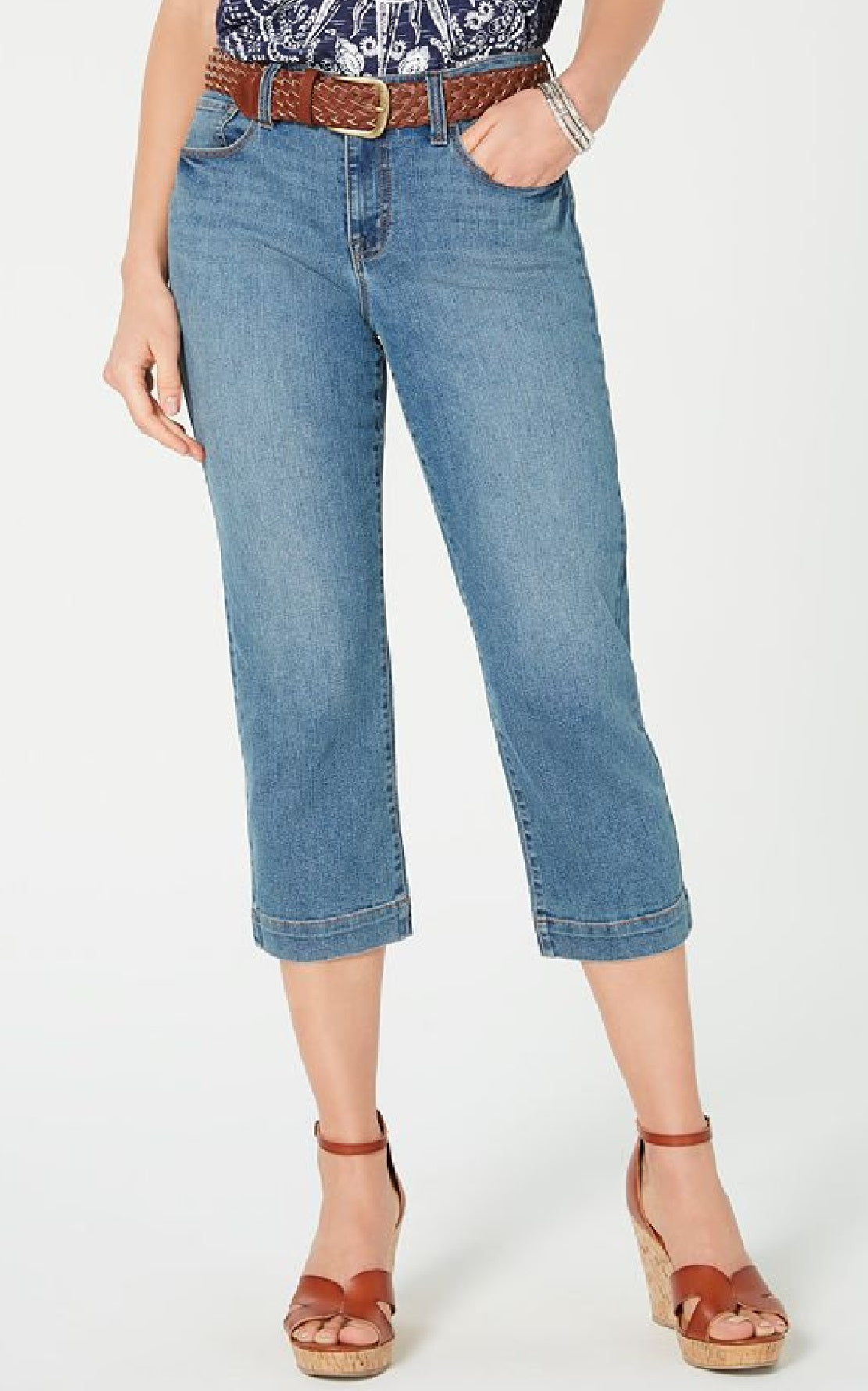 Calça capri jeans com cinto feminina Style &amp; Co, azul, tamanho 14
