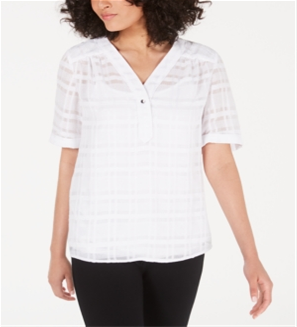 Blusa feminina xadrez com decote em V Alfani, branca, tamanho pequeno e pequeno