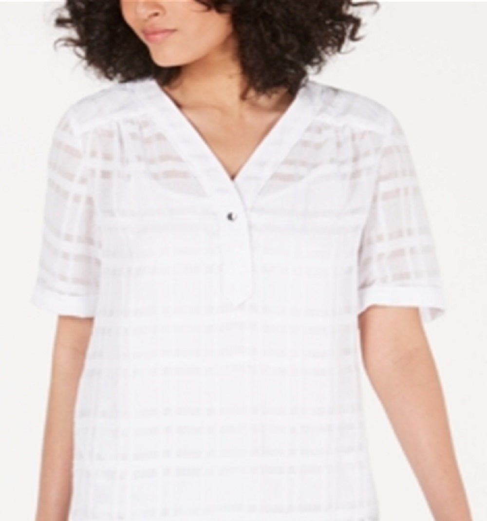 Blusa feminina xadrez com decote em V Alfani, branca, tamanho pequeno e pequeno
