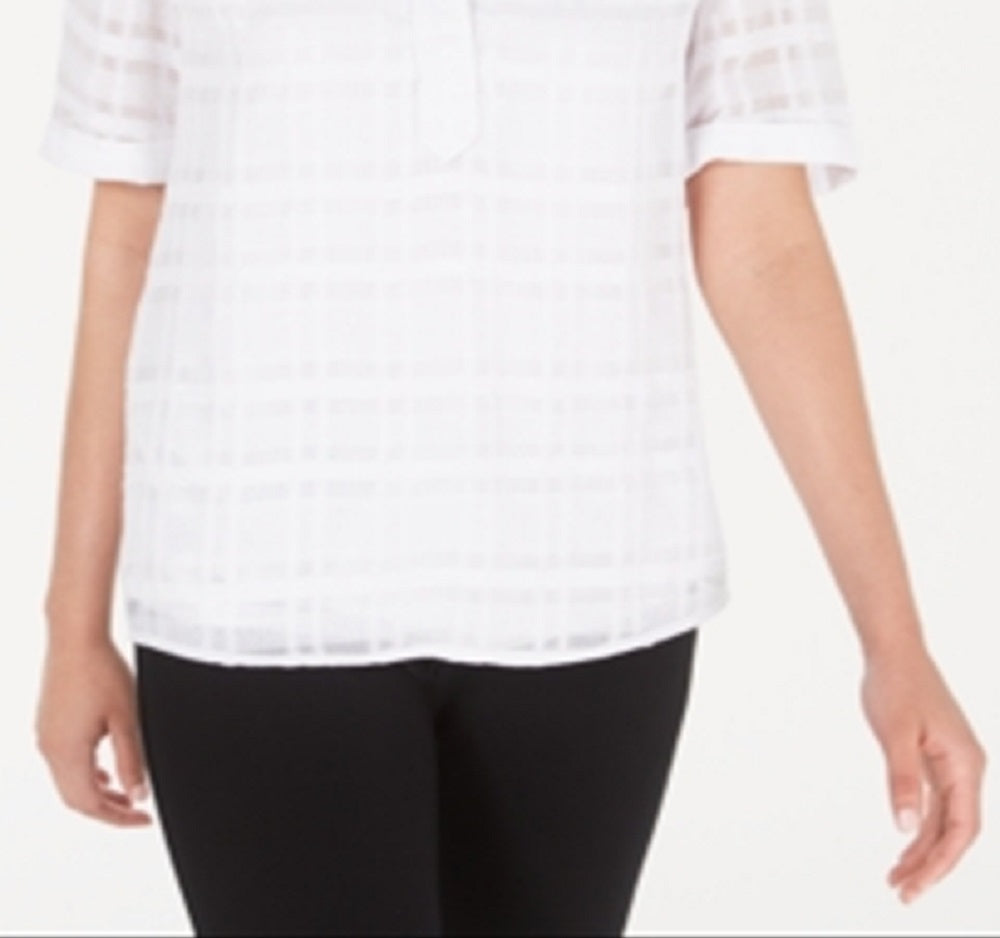 Blusa feminina xadrez com decote em V Alfani, branca, tamanho pequeno e pequeno