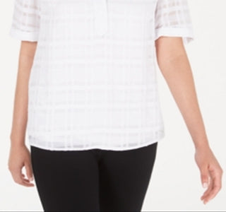 Blusa feminina xadrez com decote em V Alfani, branca, tamanho pequeno e pequeno