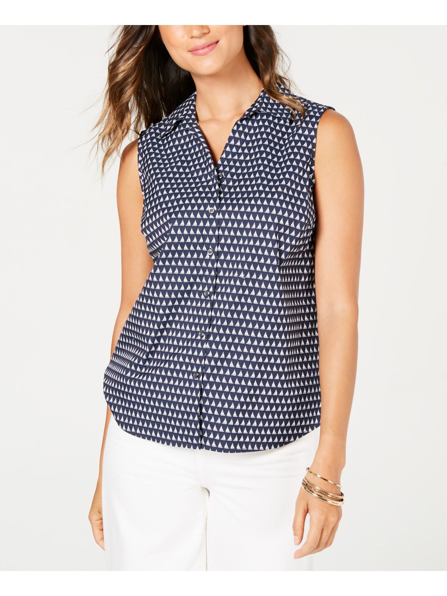 Blusa feminina sem mangas com estampa de barco à vela Charter Club, azul, tamanho 10