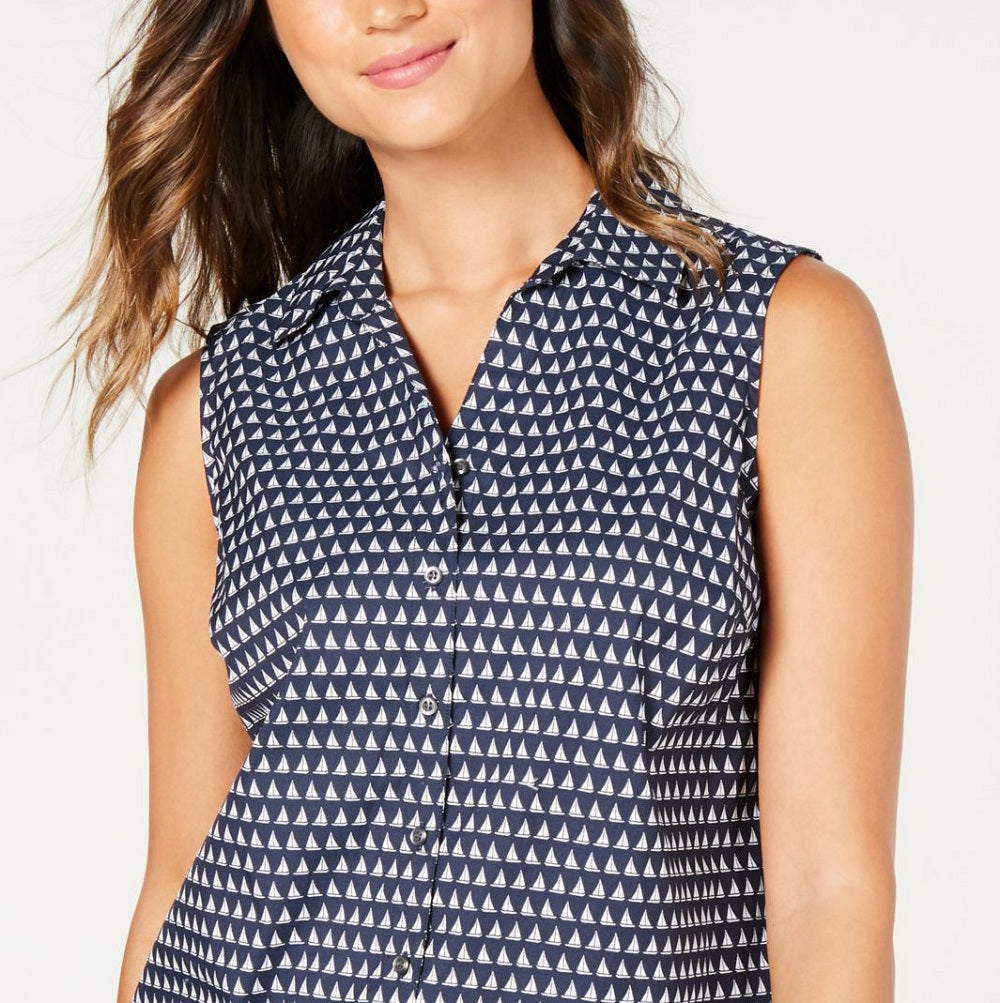 Blusa feminina sem mangas com estampa de barco à vela Charter Club, azul, tamanho 10