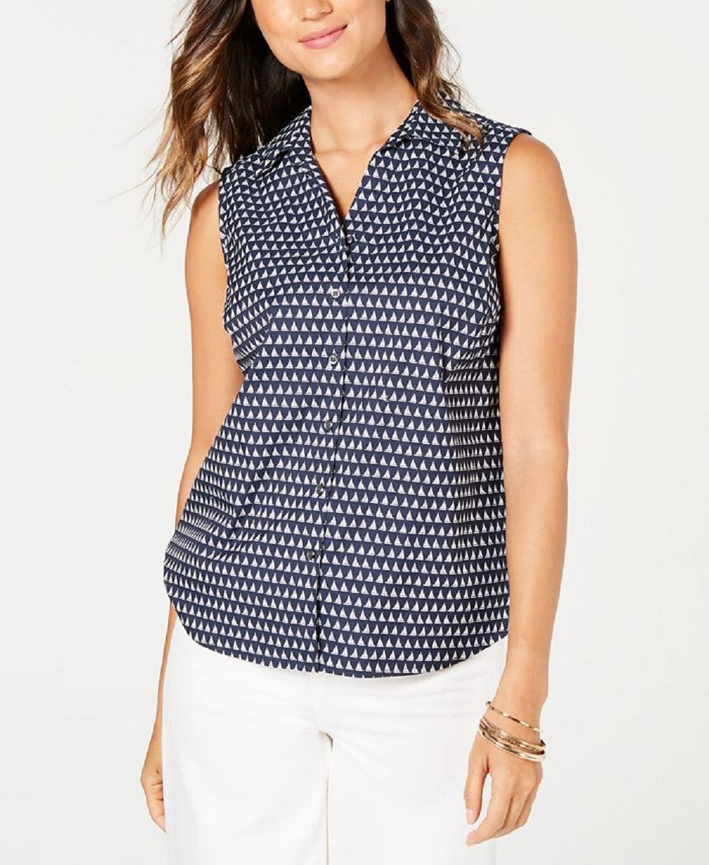 Blusa feminina sem mangas com estampa de barco à vela Charter Club, azul, tamanho 16