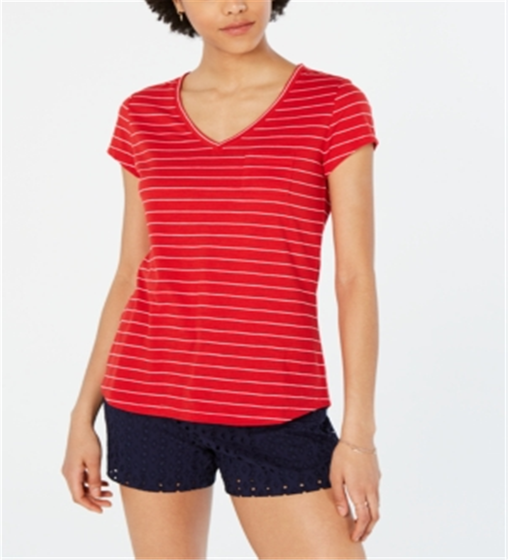 Blusa listrada com decote em V feminina Maison Jules, vermelha, tamanho extragrande