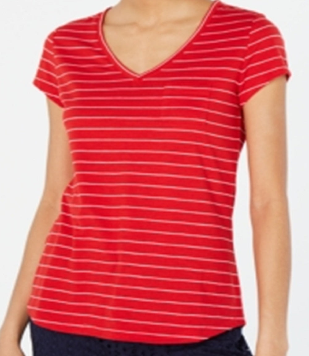 Blusa listrada com decote em V feminina Maison Jules, vermelha, tamanho extragrande