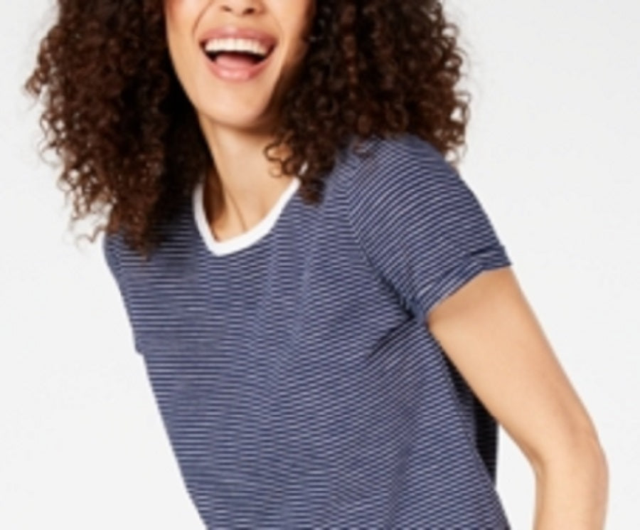 Camiseta feminina Maison Jules com decote redondo e manga curta, azul, tamanho grande