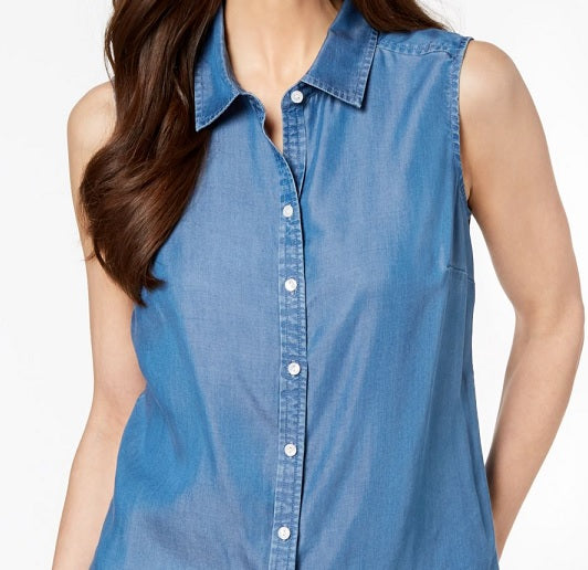 Camisa feminina de cambraia sem mangas Charter Club, azul, tamanho 8