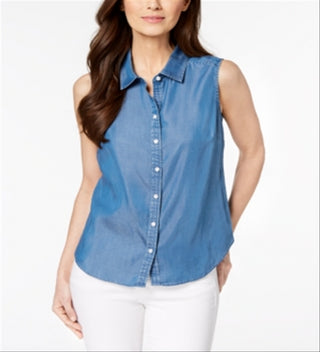 Charter Club Women's Sleeveless Chambray Shirt Blue Size 8
