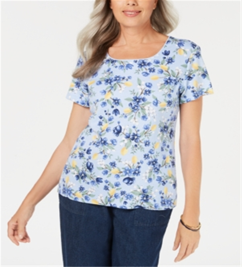 Karen Scott Citrus Craze Blusa com estampa floral feminina, azul, tamanho pequeno e pequeno