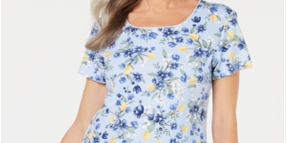 Karen Scott Citrus Craze Blusa com estampa floral feminina, azul, tamanho pequeno e pequeno